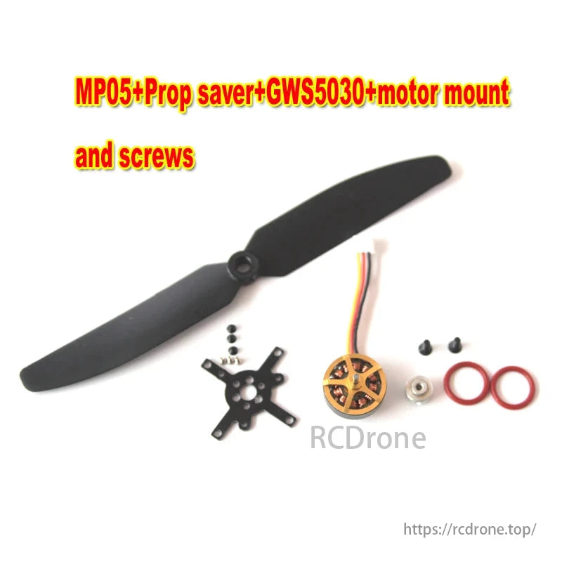 MP05 brushless motor kit with prop saver, GWS5030, motor mount, and screws included.