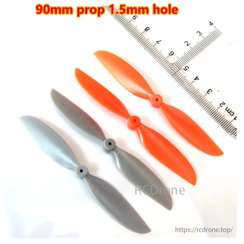 MP05 brushless motor, 90mm propellers with 1.5mm hole for mini airplanes, providing 120g thrust on 2S battery, ideal for wings and drones.