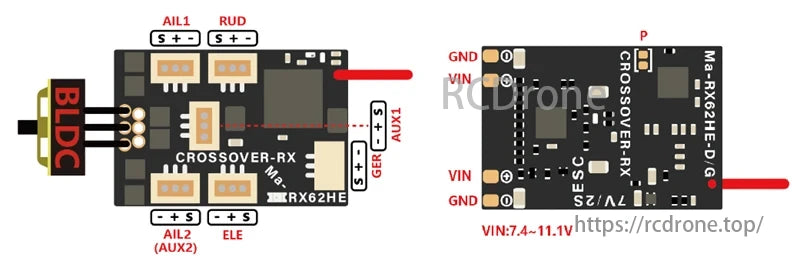 MP05 brushless motor with crossover RX module, featuring multiple control channels and VIN 7.4~11.1V connections.