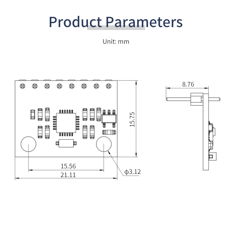 MPU6050 module dimensions diagram in mm showing 21.11 x 15.75 mm board and 8.76 mm height