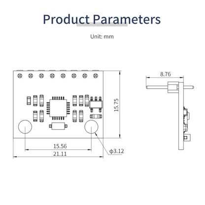 MPU6050 module dimensions diagram in mm showing 21.11 x 15.75 mm board and 8.76 mm height