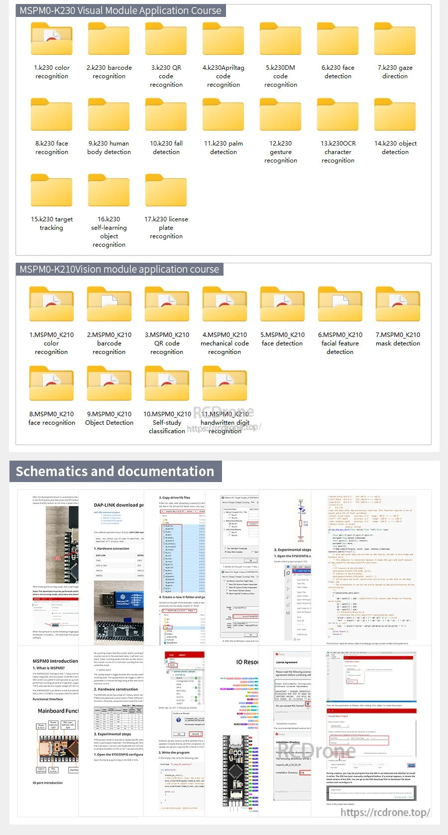 Courseware and schematics collage featuring training modules and documentation pages for MSPM0 projects