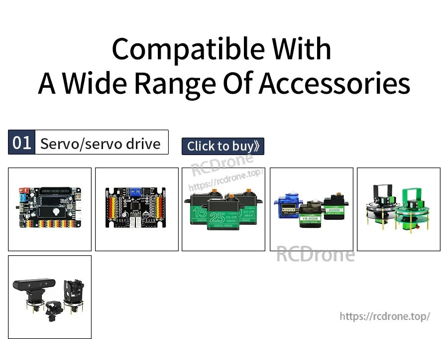 Compatibility graphic showing servo/servo drive accessories including servos and controller boards