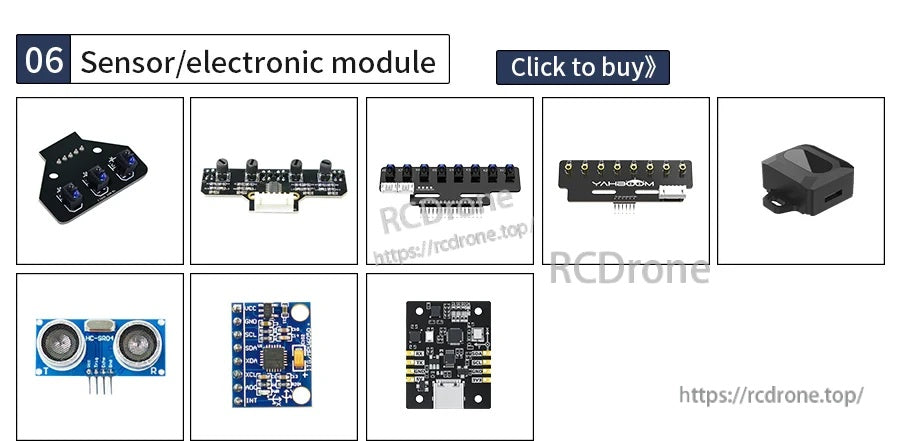 Grid of sensor and electronic module thumbnails on an RCdrone webpage category listing