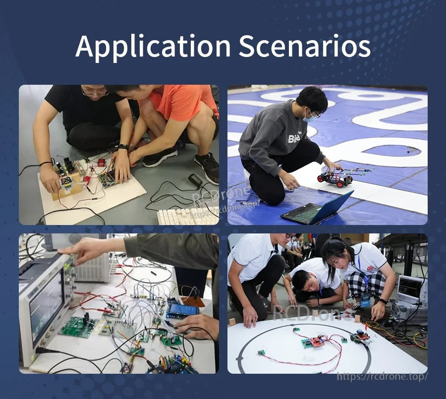 Application scenarios collage of students building and testing MSPM0 robot and electronics projects