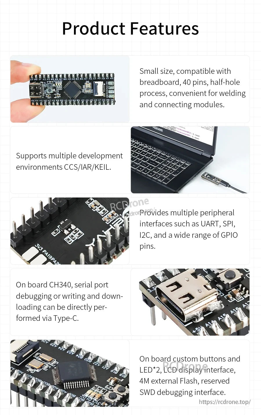 Product features collage: breadboard size, multi-IDE support, CH340 Type‑C, GPIO interfaces, buttons and LEDs