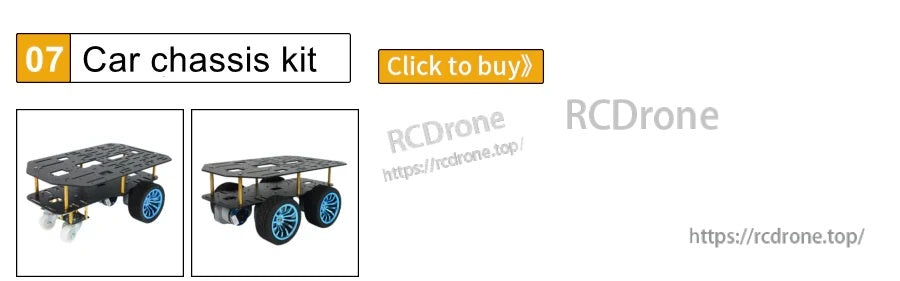 RC car chassis kit with top mounting plate, four wheels, and motor mount shown from two angles