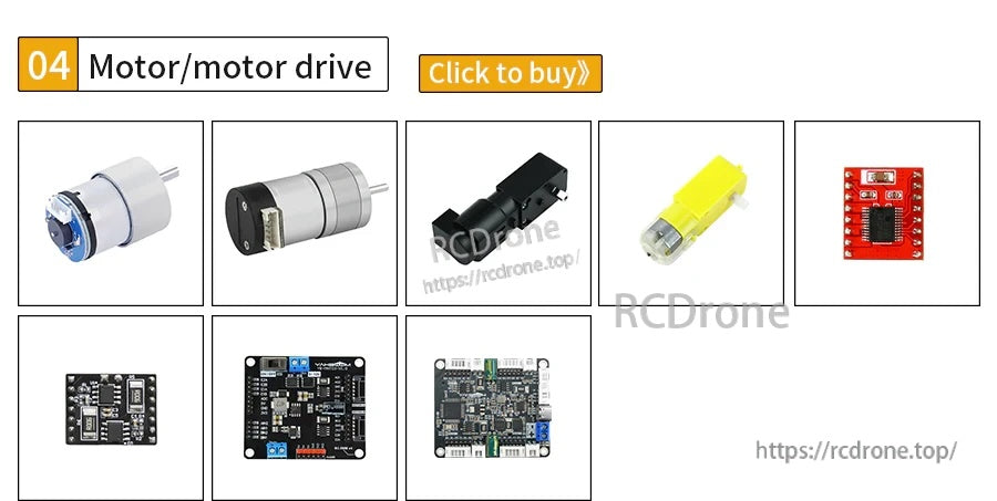 Motor and motor driver selection grid with small DC motors, connectors, and red controller module thumbnails