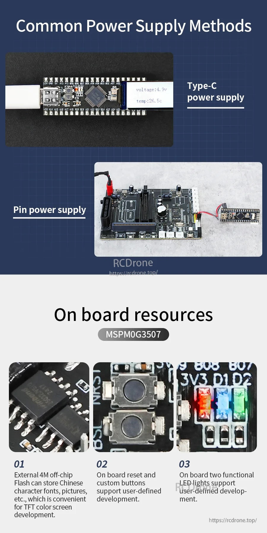 Power supply methods and onboard resources montage: Type‑C power, pin power, reset/user buttons, LEDs