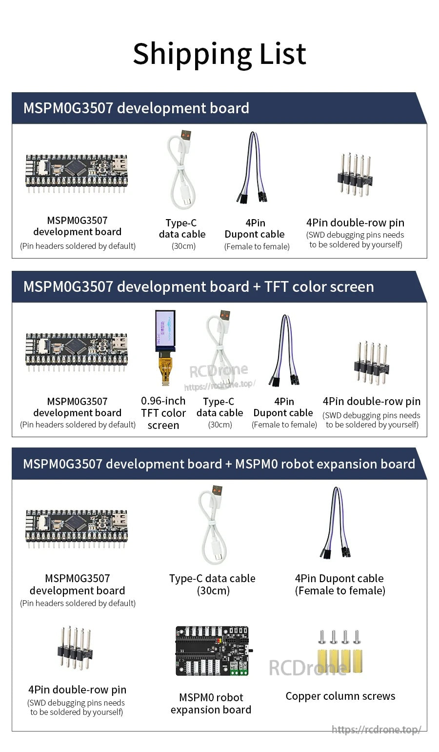 Shipping list for Yahboom MSPM0G3507 development board kits with USB-C cable, Dupont leads, headers, and optional TFT/expansion board