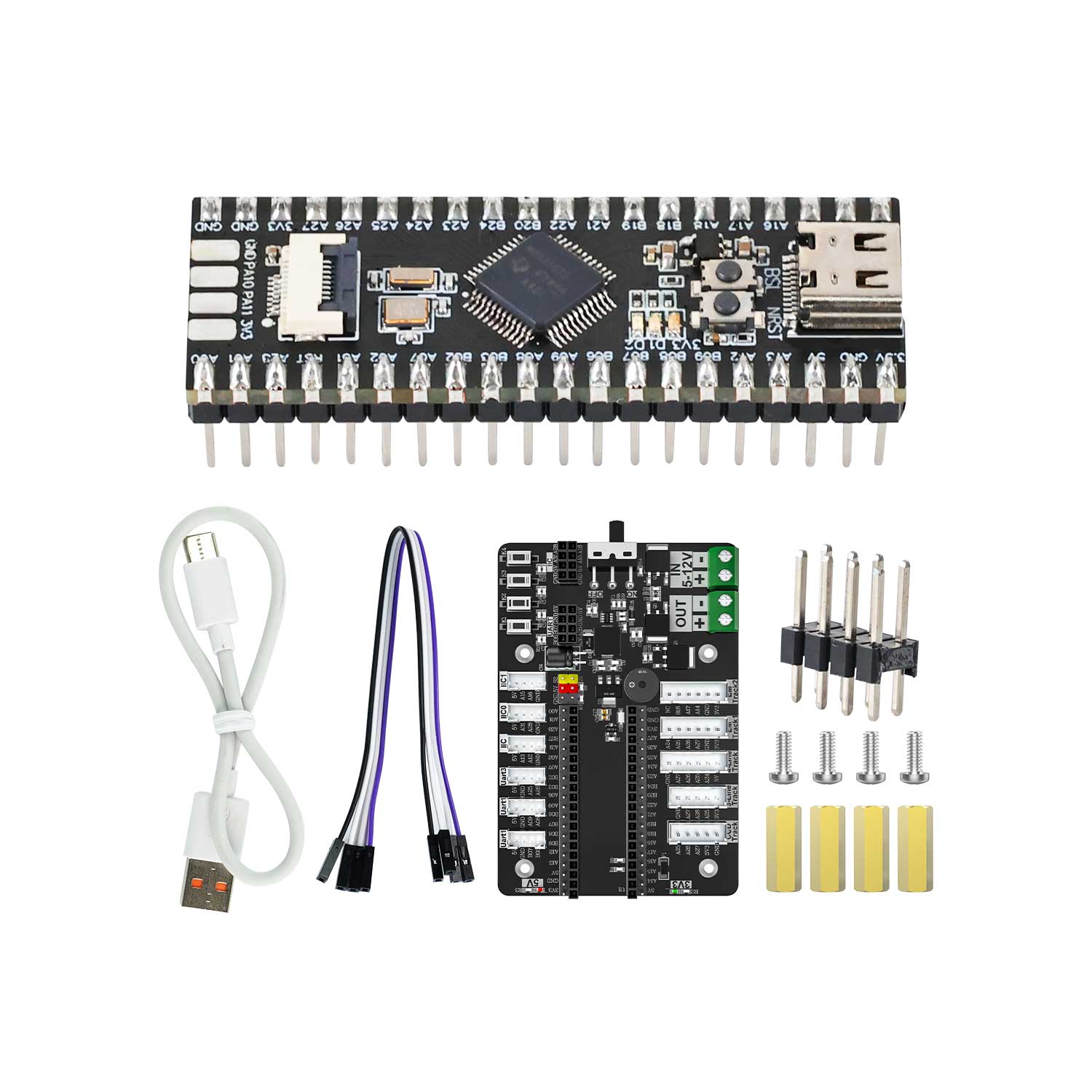 MSPM0G3507 board kit with USB-C cable, Dupont jumper, expansion board, header pins, screws and standoffs