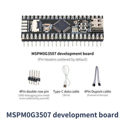Package contents: MSPM0G3507 development board with soldered headers, Type-C cable, Dupont cable, 4-pin header