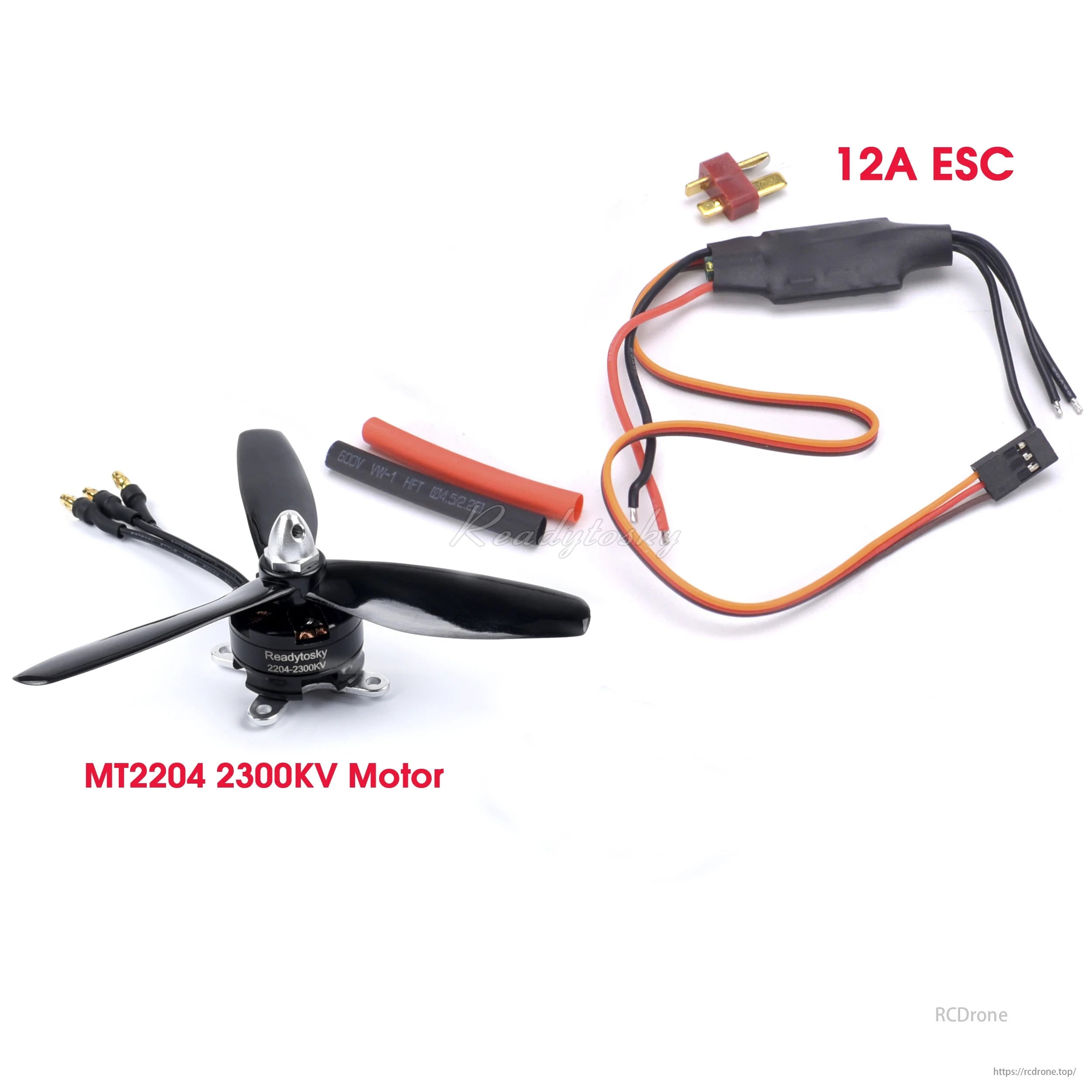 MT2204 Brushless ESC, MT2204 2300KV motor with 12A ESC, black and orange wiring.