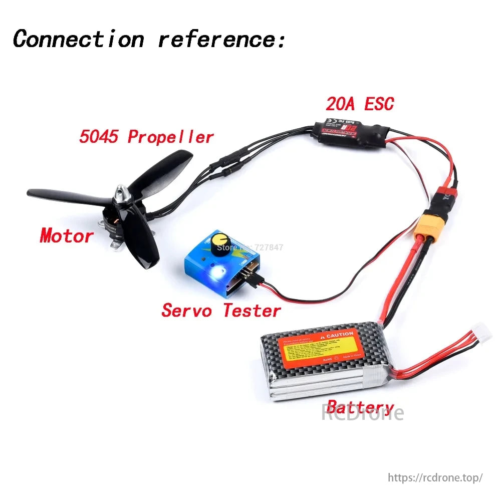 MT2204 Brushless ESC, The connection reference includes a 5045 propeller, motor, 20A ESC, servo tester, and battery for drone assembly and testing.