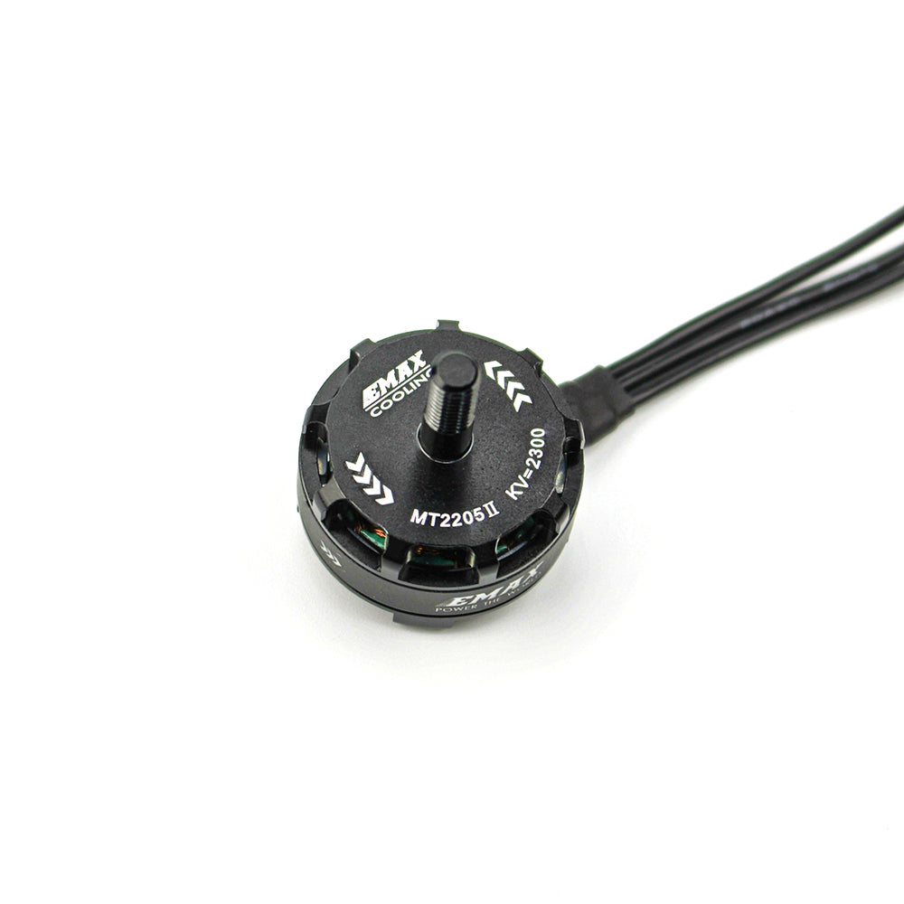 Top view of MT2205II motor showing EMAX Cooling cap, KV 2300 marking, and lead wires