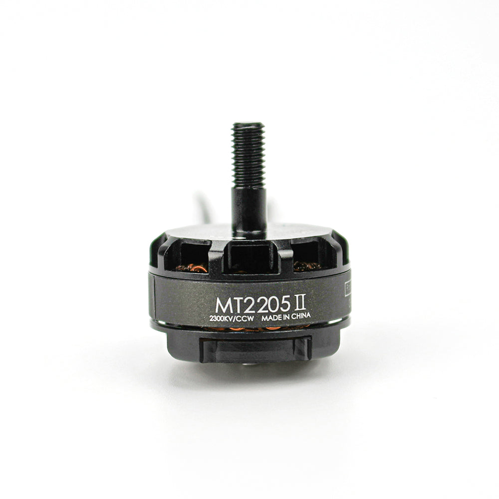 Emax MT2205II 2300KV brushless motor side view with threaded shaft and MT2205 II label