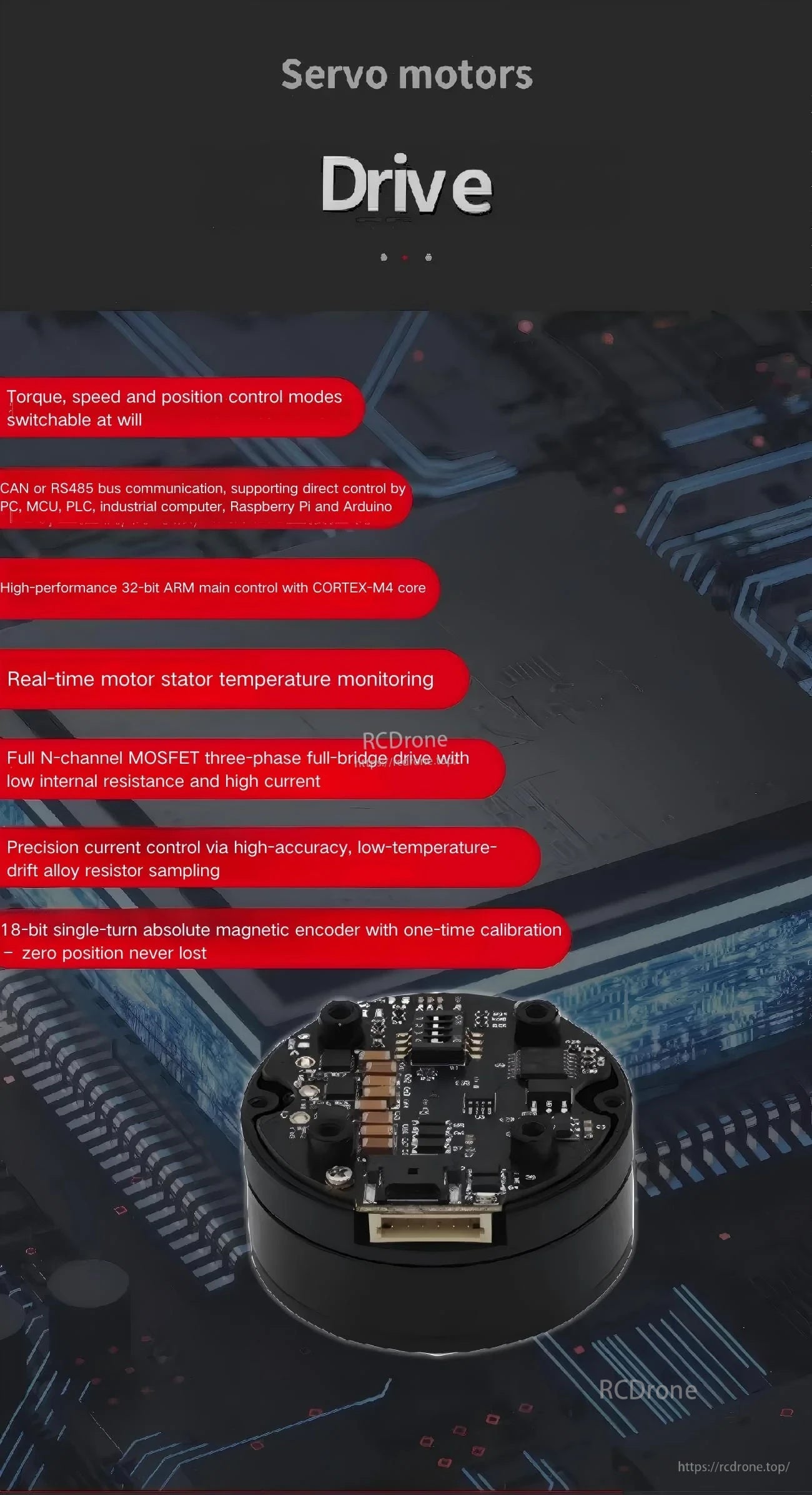 Drive electronics overview highlighting control modes, CAN/RS485 communication, temperature monitoring, and 18-bit encoder support