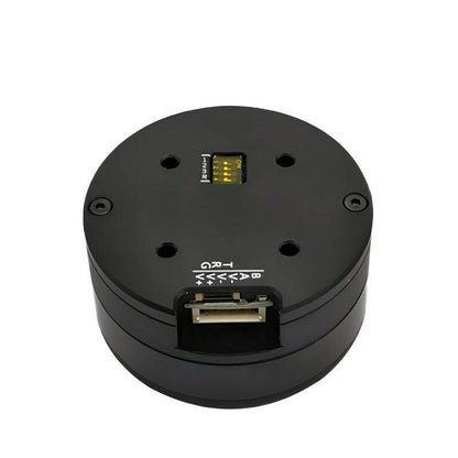 MUWEIDU K5020 FOC servo motor with integrated driver, top view showing RS485/CAN ports and pin labels