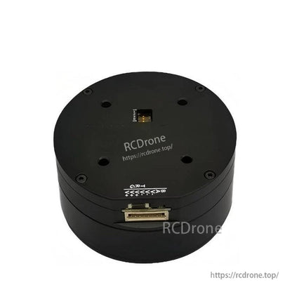 Top view of servo motor housing with mounting holes, alignment markings, and recessed header connector