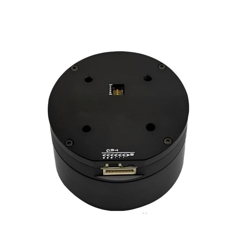 MUWEIDU K7030 24V brushless DC FOC servo motor, top view showing mounting holes and wiring connector