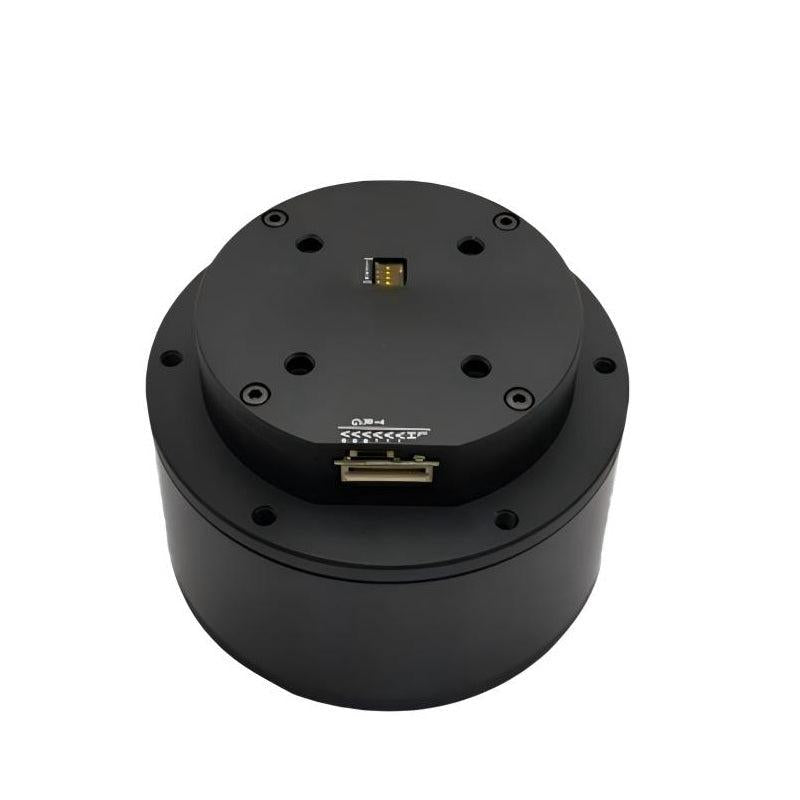 MUWEIDU K9050 FOC servo motor, top view of round 24V motor housing with encoder connector ports