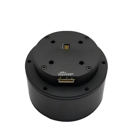 MUWEIDU K9050 FOC servo motor, top view of round 24V motor housing with encoder connector ports
