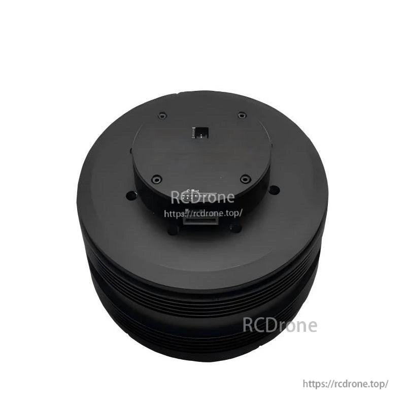 Top view of L12060 round servo motor showing upper cover, mounting screw holes, and connector port area (watermarked)