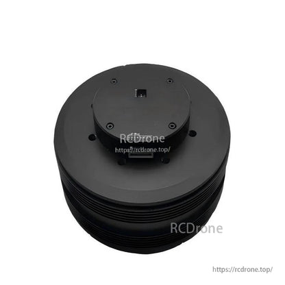 Top view of L12060 round servo motor showing upper cover, mounting screw holes, and connector port area (watermarked)