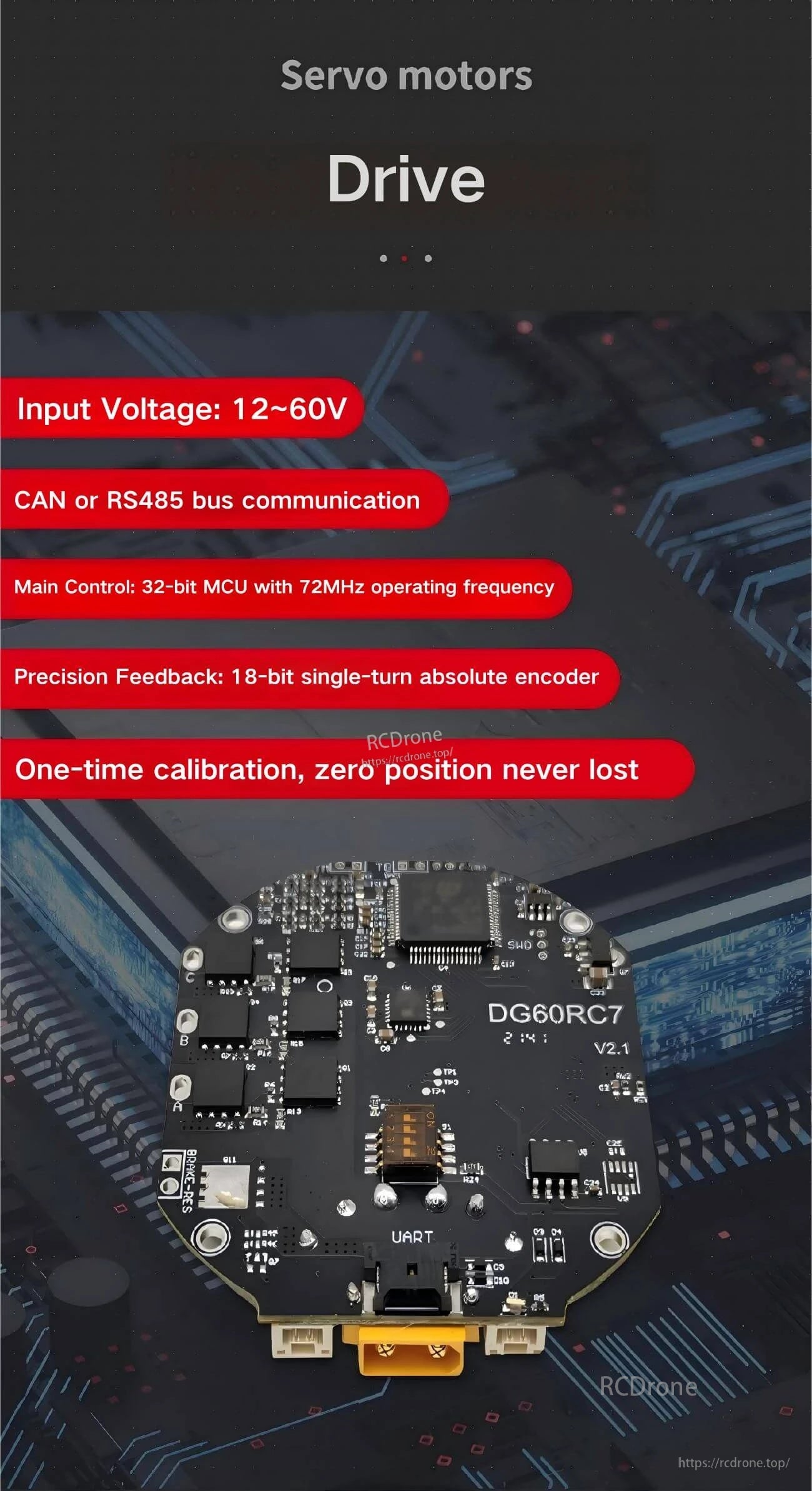 Servo motor drive board specs: 12–60V input, CAN or RS485 communication, 32-bit MCU, 18-bit absolute encoder feedback