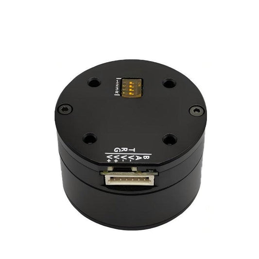 MUWEIDU L4028 brushless DC servo motor, top view with connector port and wiring pin labels
