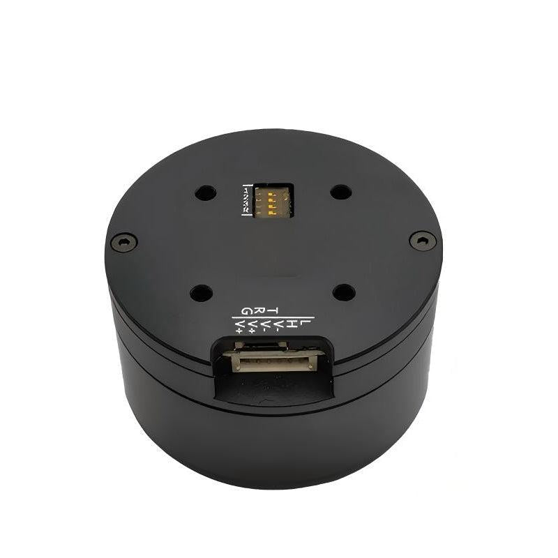 MUWEIDU L5030 brushless DC servo motor top view, round housing with connector socket and pin header