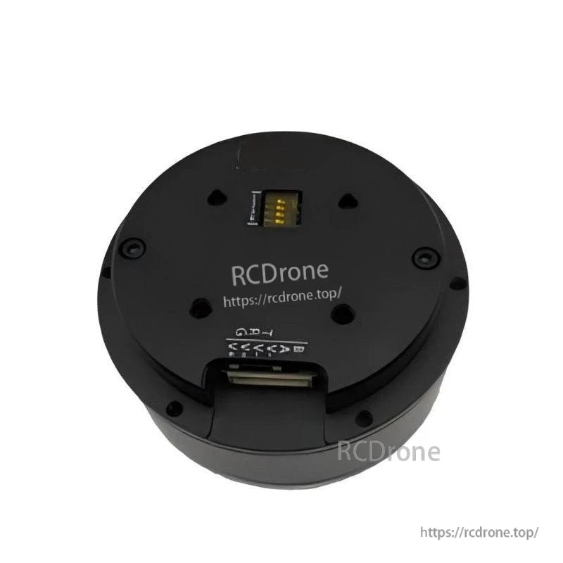 Rear housing close-up with top pin header and bottom connector slot, shown with RCDRone URL marking