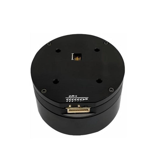 MUWEIDU L7030 brushless DC servo motor, top view showing mounting holes and bottom connector port