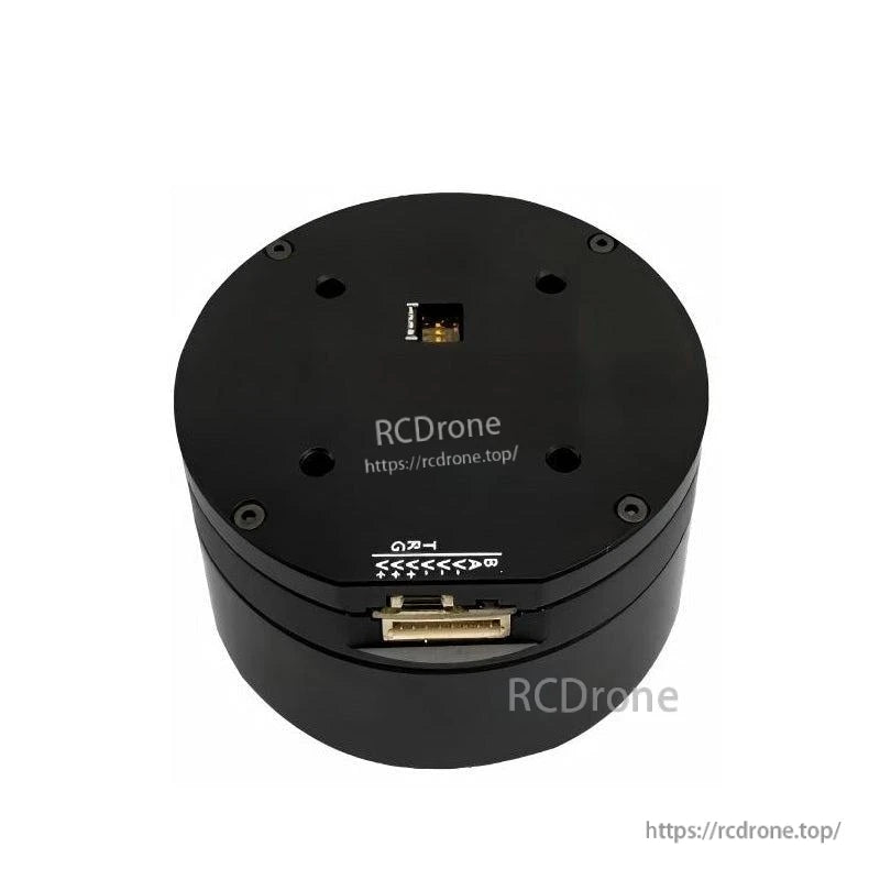 Top view of round black servo motor housing with side connector slot and visible RCDRone watermark