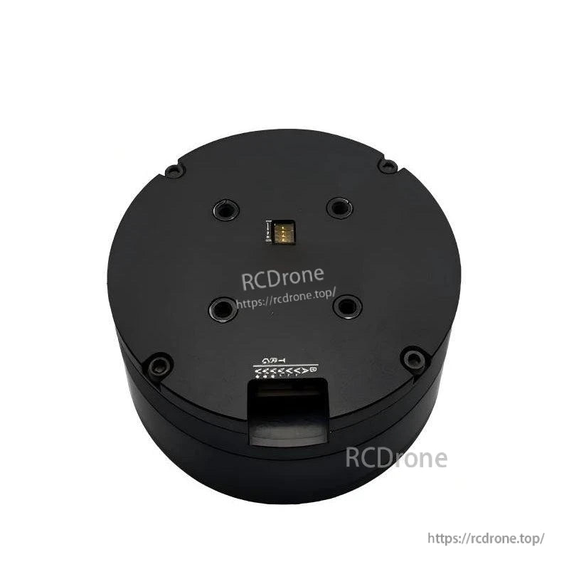 Rear view of black servo motor housing showing connector opening and mounting holes (RCDRone watermark)