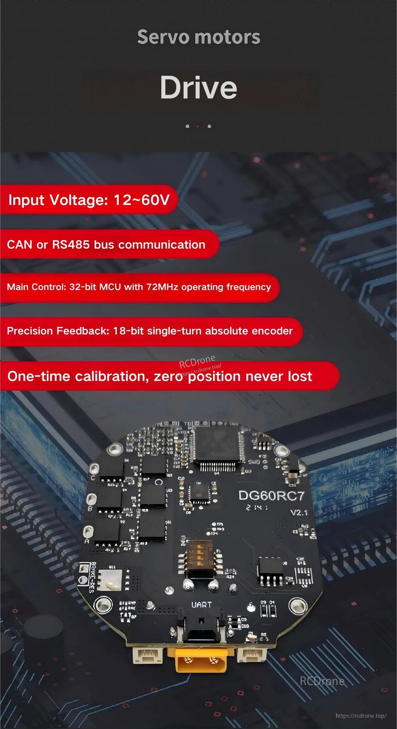 Servo motor drive control board with 12–60V input, CAN or RS485 communication, 32-bit MCU, and 18-bit absolute encoder feedback