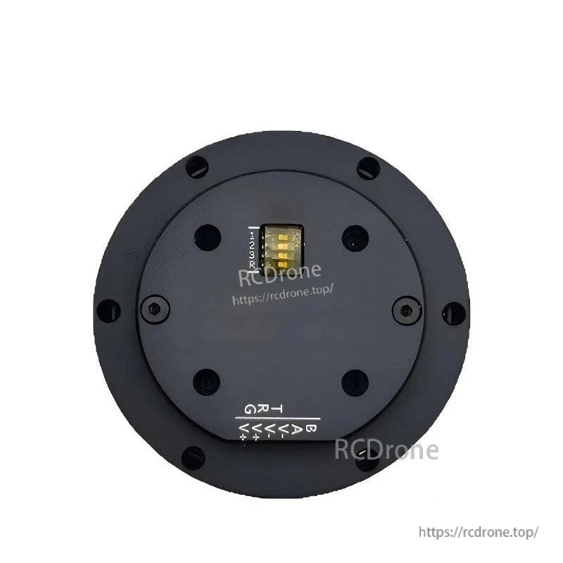 Rear view of the servo geared motor faceplate showing DIP switch window; RCDRone watermark on image
