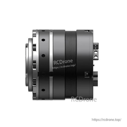 Side profile of the motor module showing cylindrical housing, cooling grooves, and connector bracket