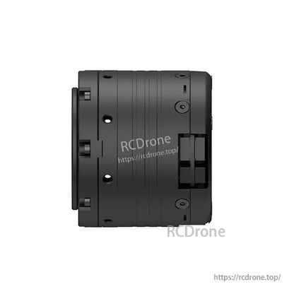 Side profile of motor module showing integrated connector/port cover and mounting screws on housing