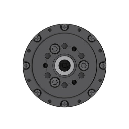 P60N30 motor module front face close-up with circular mounting plate, screw ring, and central encoder/shaft hub