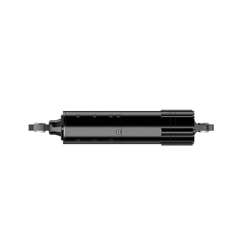Side profile of linear actuator module showing cylindrical housing and both end mounting eyes
