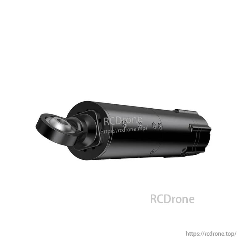 Angled end view of actuator showing front mounting eye and housing fasteners