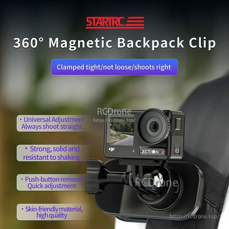 360° magnetic backpack clip: universal, strong, quick-adjust, skin-friendly, securely clamped for stable, straight shooting.