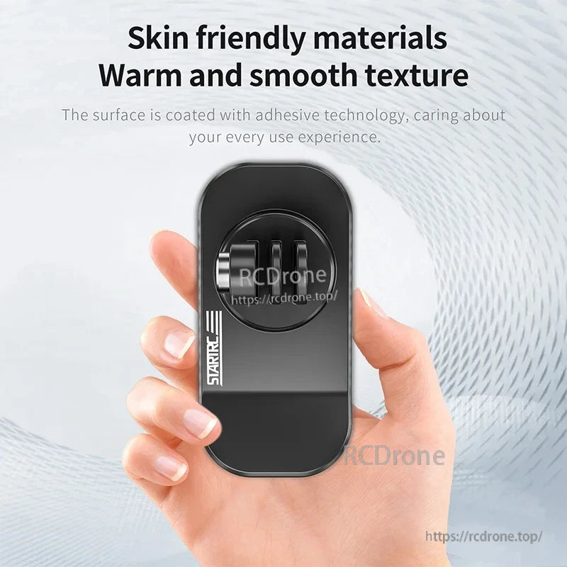 Soft, skin-friendly material with warm texture and adhesive surface for comfort. STARKE magnetic backpack clip ensures secure, easy use. (19 words)