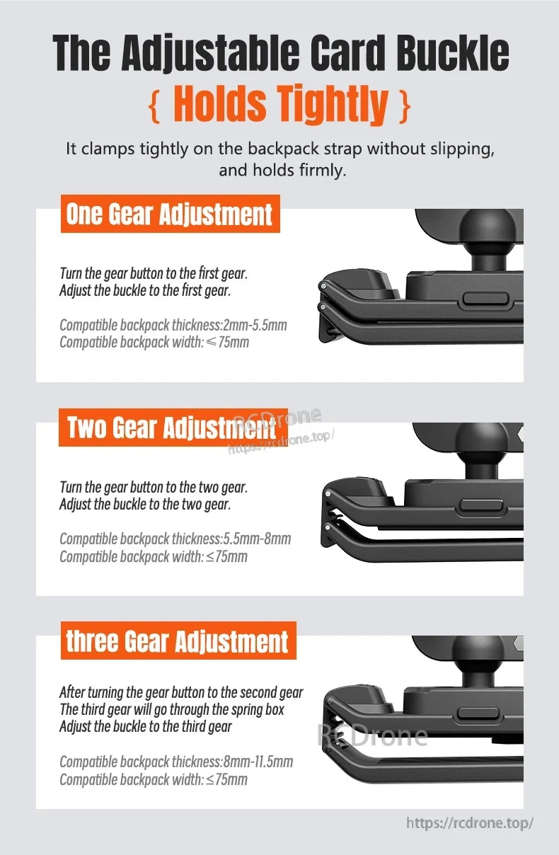 Magnetic Backpack Clip, Adjustable card buckle fits straps 2–11.5mm thick and up to 75mm wide, ensuring secure, slip-free hold with one to three settings.