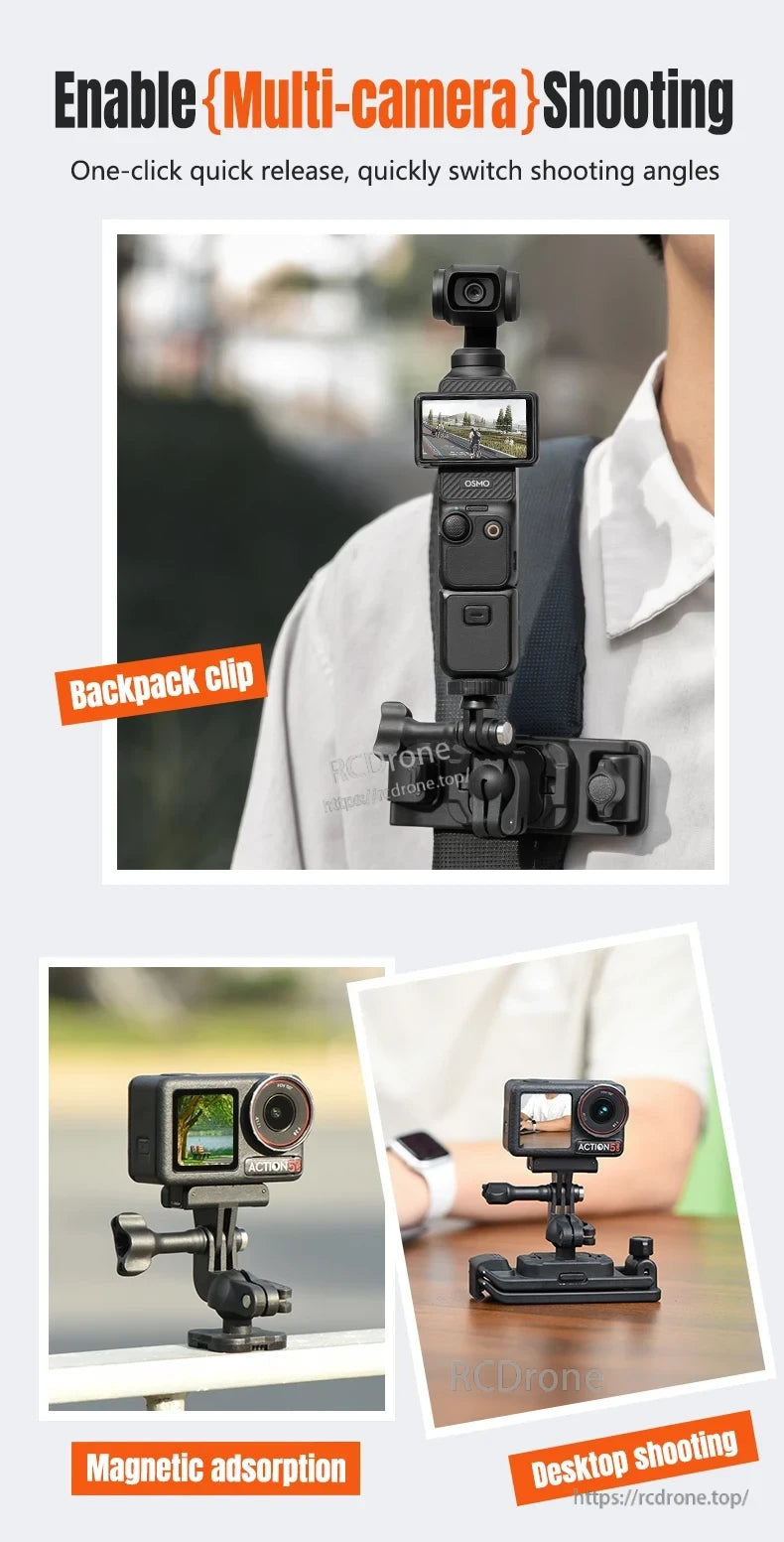 Magnetic Backpack Clip, Multi-camera shooting with backpack clip, magnetic adsorption, and desktop setup options.