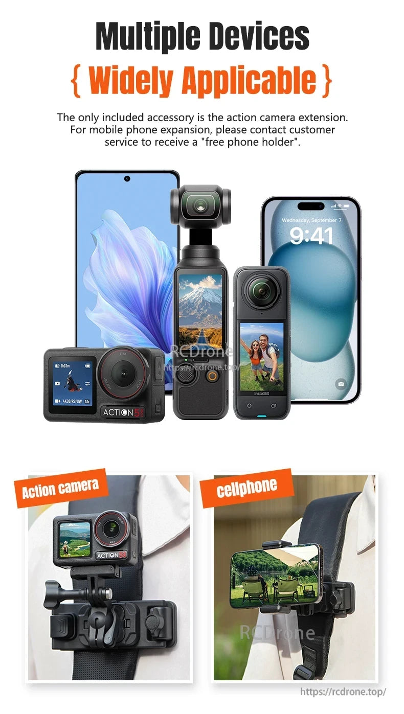 Magnetic backpack clip for action cameras and phones, includes extension. Free phone holder available through customer service. Widely compatible and convenient.