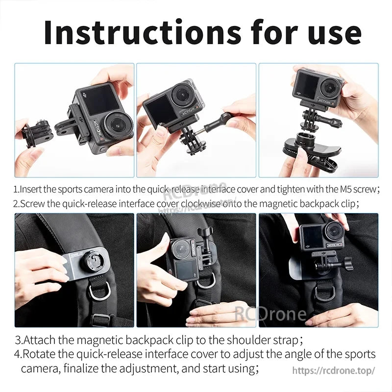 Magnetic Backpack Clip, Insert camera, secure with M5 screw, attach clip to strap, adjust angle by rotating interface, then finalize and use.