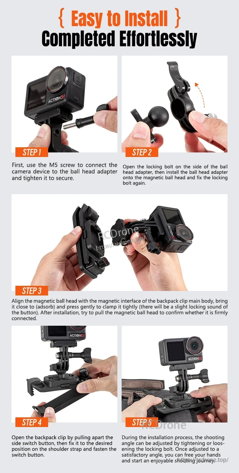 Magnetic Backpack Clip, Attach camera to magnetic base via ball head, align with backpack clip, secure on strap, adjust angle, and shoot—simple, quick setup for effortless filming.