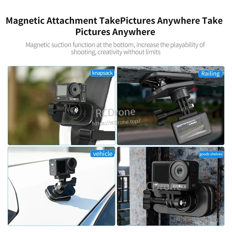 Magnetic Backpack Clip, Magnetic mount for action cameras, easily attaches to backpacks, railings, vehicles, and shelves for versatile positioning.